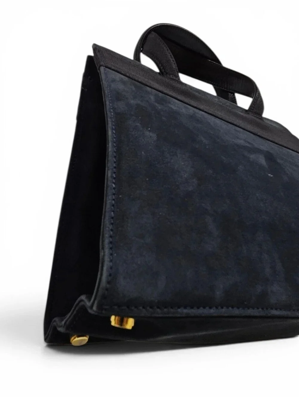 Salvatore Ferragamo Black Vara Bow Handbag In Navy Blue Suede And Gold